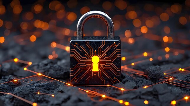 A stylized, black padlock sits on a dark, rocky surface. The lock features a glowing orange keyhole and a golden circuit board pattern, connected to a vast network of orange light nodes and lines. - Powered by Adobe