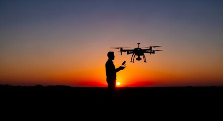 Man operating drone at sunset