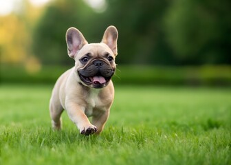 Fototapeta premium French bulldog puppy running happily on green grass