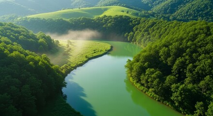 Verdant rolling hills and a winding river under morning mist