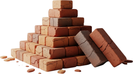 A pyramid stack of weathered cracked earthen red clay construction bricks sits beside two leaning bricks with scattered fragments on a transparent background Building Material Rough