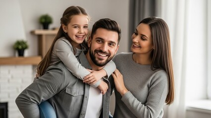 Young, smiling family in casual grey clothing on piggyback ride indoors