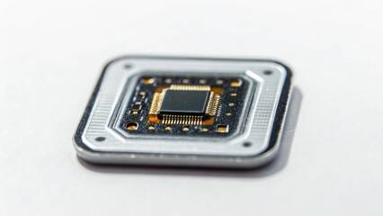 A close-up image of a computer chip showcasing intricate circuitry and a compact design, highlighting technology and innovation.