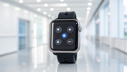 A sleek smartwatch with a modern design, displayed against a blurred, bright hallway, emphasizing technology and innovation.