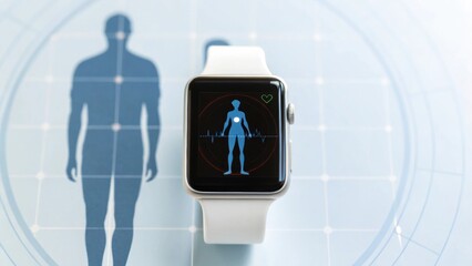 A smartwatch displays a health monitoring interface with a silhouette of a human, emphasizing fitness tracking and wellness technology.