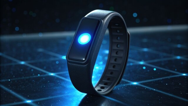 A sleek, futuristic fitness tracker with a glowing blue button, set against a digital grid background, emphasizing technology and health monitoring. - Powered by Adobe