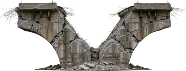 Severely damaged concrete bridge support structure wreckage displays deep cracks exposed rebar and scattered rubble at the base with a transparent background Collapse Ruin Debris Destruction