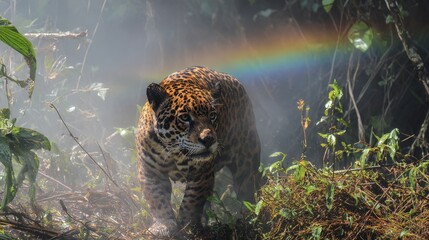 Jaguar prowling through Iguacu Falls mist rainbow arcing over waterfalls lush subtropical foliage powerful wildlife encounter