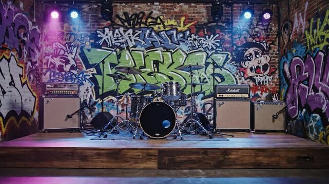 Full drum kit and guitar amps on a wooden stage with vibrant graffiti art and colorful lights