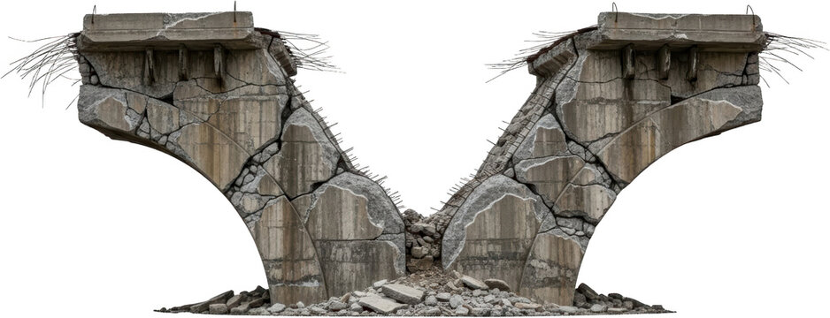 Severely damaged concrete bridge support structure wreckage displays deep cracks exposed rebar and scattered rubble at the base with a transparent background Collapse Ruin Debris Destruction