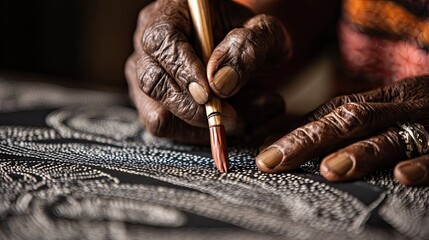 Detailed shot of Aboriginal dot-painting being made by senior artist&rsquo;s hands intimate craft moment cultural respect in Australia