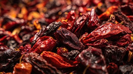 Colorful Produce A highly detailed macro photograph of a pile of various dried chilies ancho guajillo pasilla at a market vibrant reds and deep browns textured background in Mexico
