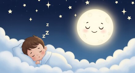 Cute boy sleeping peacefully on clouds under a smiling moon and starry night sky