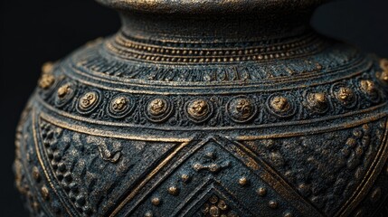 Pottery Detail A close-up on the detailed burnished black surface of a Oaxacan barro negro pottery vase highlighting its exquisite craftsmanship in Mexico
