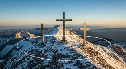Three cross monument on snow-capped mountain peak at sunset