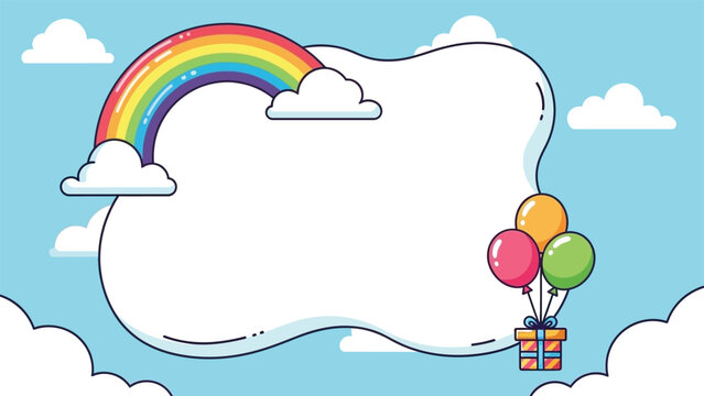 Colorful cartoon illustration of a rainbow and balloons in the sky