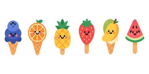 Cute Fruit Shaped Ice Cream Set &ndash; Vector Illustration of Smiling Summer Desserts