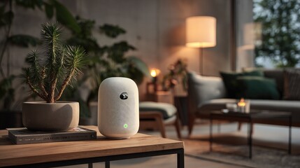 Interior of a futuristic Australia smart home voice-assistant device solar battery system smart lighting clean architectural style in Australia