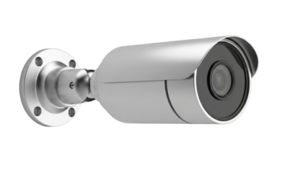 Silver bullet security camera PNG isolated on transparent background, surveillance system for home and business safety