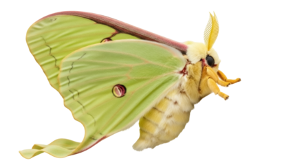 Pale green Luna moth isolated PNG, large wings with eyespots and long tails on transparent background, nocturnal Lepidoptera insect
