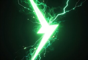 Green electric lightning bolt glowing on dark abstract background with particles and light streaks, futuristic energy power concept for technology, science, posters, wallpapers, and designs.