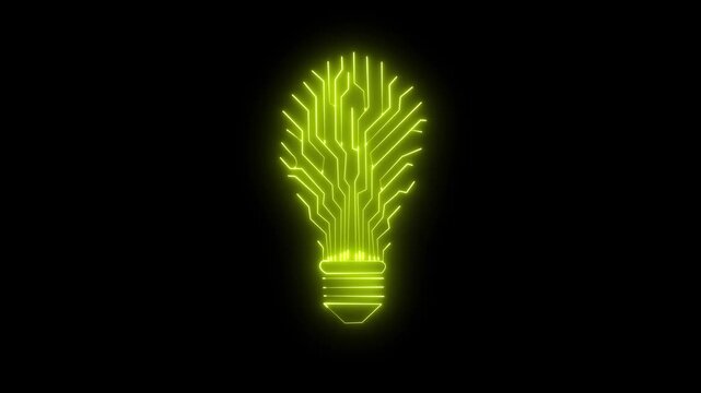 Technology neon shape bulb Abstract glowing lamp with circuit board on isolated black background.Digital technology circuit bulb animation, neon electrical bulb icon animation