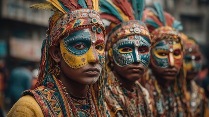 Pohela Boishakh Bengali New Year dancers in colorful masks and attire Dhaka streets in Bangladesh
