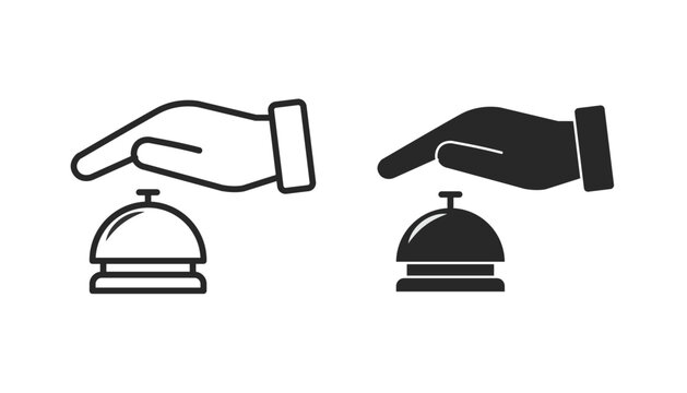 A clean vector illustration showing a hand reaching out to press a classic desk bell. It represents hospitality, front desk assistance, and immediate guest service.