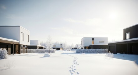 Modern minimalist houses covered in snow with footprints leading through the landscape