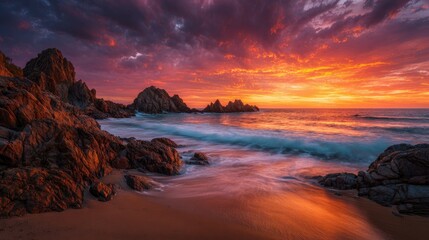 Coastal Sunset A long exposure photograph of a rocky Pacific coast beach eg Zipolite during a fiery sunset silky smooth water dramatic clouds in Mexico