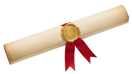 Scroll of parchment paper with wax seal and red ribbon isolated PNG, diploma certificate document for graduation and achievement