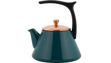Teal kettle with copper lid isolated PNG on transparent background, modern design teapot for kitchenware and beverage preparation