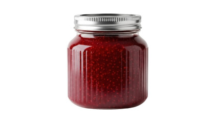 Raspberry jam in a glass jar isolated PNG, homemade fruit preserve with silver lid on transparent background, sweet food for breakfast