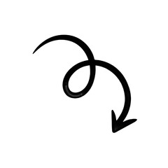 Black hand-drawn arrow with curly loop and pointing down with brush stroke