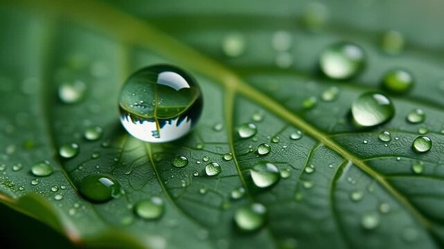 Close up of Water Droplet Magnifying Leaf Veins on Green Surface