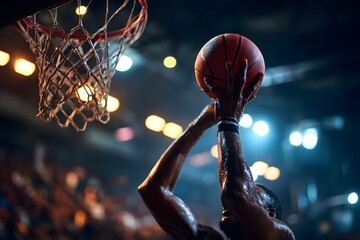 Dynamischer Basketball Dunk Moment mit Ball und Korb
