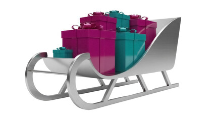 Christmas sleigh with colorful gift boxes PNG isolated on transparent background, festive holiday presents for seasonal design
