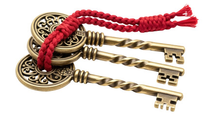 Three antique bronze keys with red braided cord isolated PNG, vintage ornate keys on transparent background for design and decoration