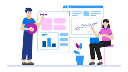 Fototapeta premium Sales Team Hosting Online Product Demo for Leads. Flat Vector Business Illustration