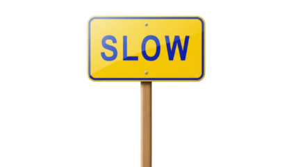 Yellow slow sign isolated PNG, road safety warning sign with blue text on transparent background for traffic and caution concepts