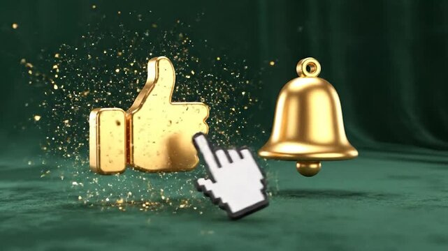Golden thumbs up, shimmering bell, and cursor on rich green fabric with golden particles