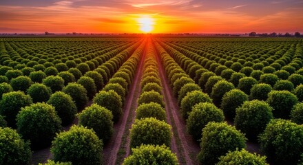 Rows of green trees in a vast field under a dramatic sunset