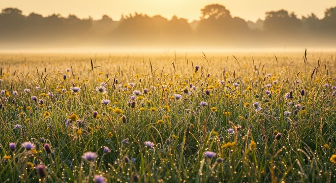 Misty meadow at dawn, vibrant wildflowers - Powered by Adobe