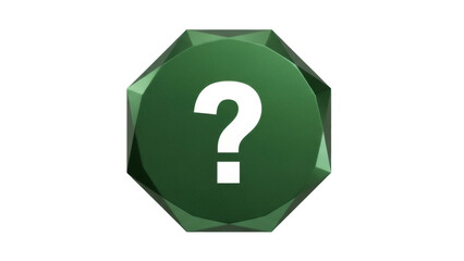 Green question mark gem PNG isolated on transparent background, mystery concept for games and education, unknown symbol