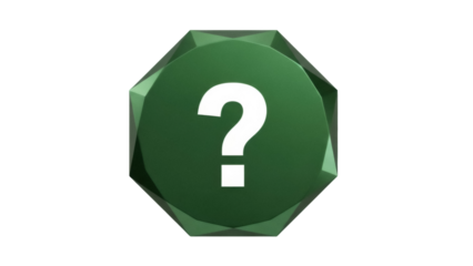 Green question mark gem PNG isolated on transparent background, mystery concept for games and education, unknown symbol