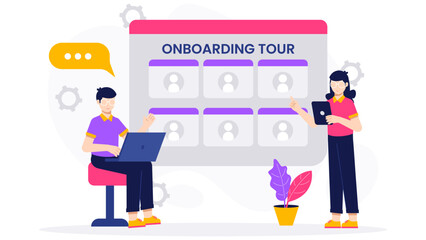 HR Team Hosting Virtual Employee Onboarding Tour. Flat Vector Business Illustration