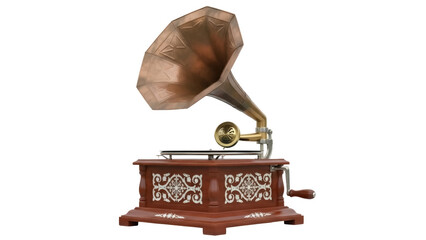 Vintage gramophone isolated PNG on transparent background, antique phonograph with horn speaker for retro music and historical collections