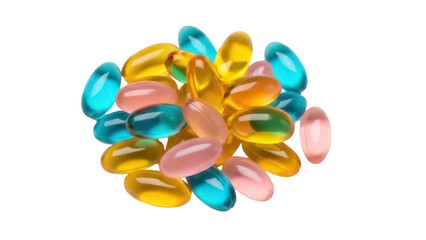 Pile of colorful gel capsules isolated PNG, assortment of translucent vitamin supplements on transparent background