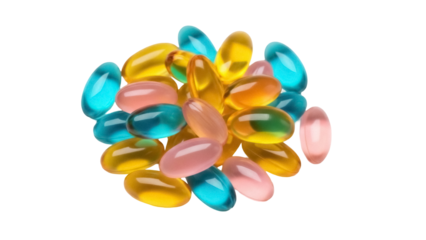 Pile of colorful gel capsules isolated PNG, assortment of translucent vitamin supplements on transparent background
