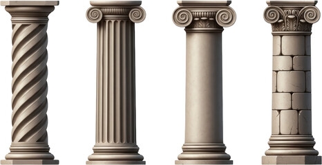 Four antique stone architectural columns displaying various classical styles including Solomonic fluted smooth and rustic ashlar blocks 194 characters Pillar Architecture Structure